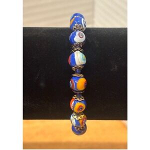 Vintage Murano Millefiori Glass Bead Bracelet Evil Eye Floral Lampwork 7"